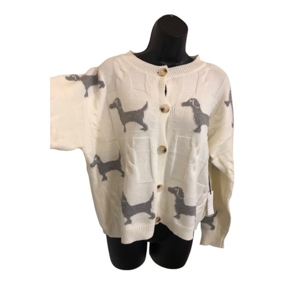 Cream and gray daschound print adorable cardgian sweater size small brand new‎ - Picture 7 of 13
